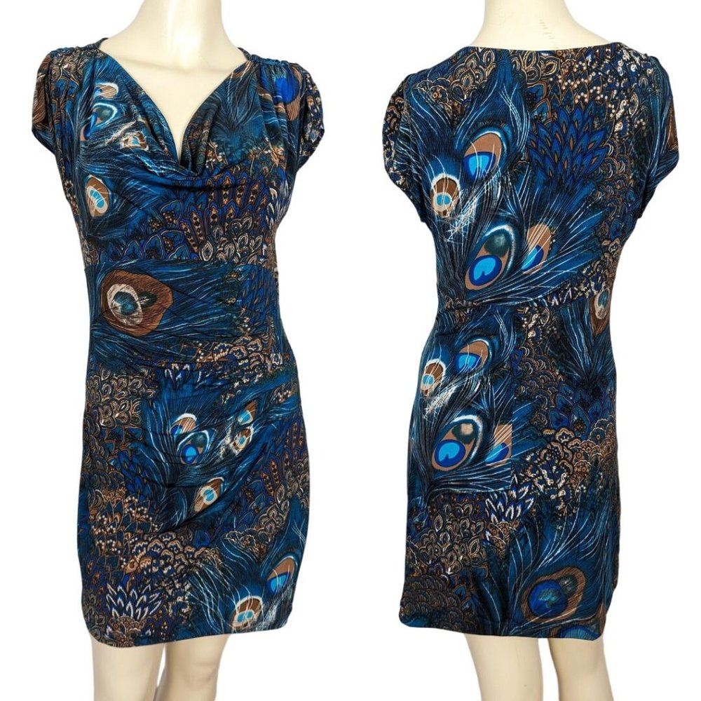 Linda Segal Vintage 1990's peacock abstract print empire waist mini dress S‎